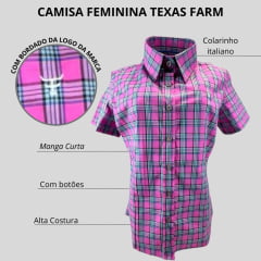 Camisa Feminina Manga Curta Texas Farm Xadrez Rosa/Verde Com Logo Branco Ref.CAFC043