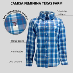 Camisa Feminina Manga Longa Texas Farm Xadrez Azul Com Logo Vermelho Ref.CAFC091