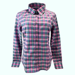 Camisa Feminina Manga Longa Texas Farm Xadrez Rosa/Azul Com Logo Azul Ref.CAF100