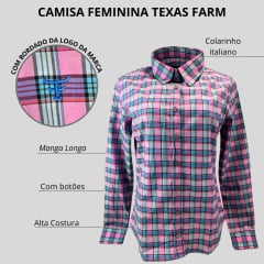 Camisa Feminina Manga Longa Texas Farm Xadrez Rosa/Azul Com Logo Azul Ref.CAF100