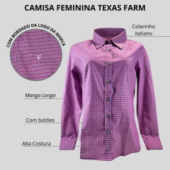 Camisa Feminina Manga Longa Texas Farm Xadrez Rosa/Lilás Com Logo Rosa Ref.CAF106