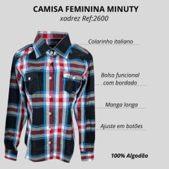 Camisa Feminina Minuty Manga Longa Xadrez Preto/Azul/Vermelho E Branco Ref:2600