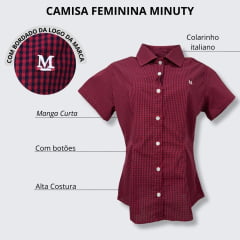 Camisa Feminina Minuty Manga Curta Xadrez Pequeno Azul e Vermelho Ref.2602