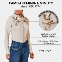 Camisa Feminina Minuty Manga Longa Tecido Linho Cru Com Bordado Cavalo E Ferradura Com Strass REF: 1774