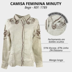 Camisa Feminina Minuty Manga Longa Tecido Linho Cru Com Bordado Marrom REF: 1789