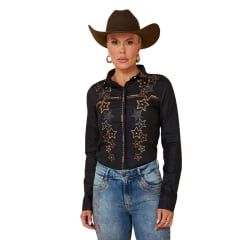 Camisa Feminina Minuty Manga Longa Tecido Preto Com Bordado Estrelas Douradas E Strass REF: 1790