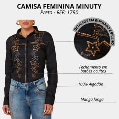 Camisa Feminina Minuty Manga Longa Tecido Preto Com Bordado Estrelas Douradas E Strass REF: 1790