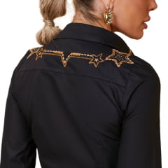 Camisa Feminina Minuty Manga Longa Tecido Preto Com Bordado Estrelas Douradas E Strass REF: 1790