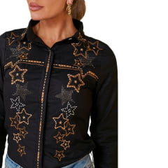 Camisa Feminina Minuty Manga Longa Tecido Preto Com Bordado Estrelas Douradas E Strass REF: 1790