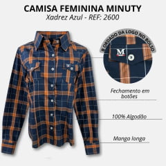 Camisa Feminina Minuty Manga Longa Xadrez Azul Marinho/ Laranja Ref:2600