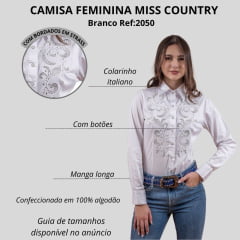 Camisa Feminina Miss Country Branca Manga Longa Com Bordado Em Branco E Strass Ref:2050