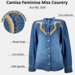 Camisa Feminina Miss Country Jeans Azul Médio Terra Manga Longa Com Bordados De Brilho Ref: 2036