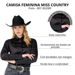 Camisa Feminina Miss Country Legacy Preto Manga Longa Brilho Preto e Tachinhas Ref:002089