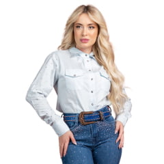 Camisa Feminina Miss Country Manga Longa Azul Claro Com Bordados De Strass E Brilho Ref:2068