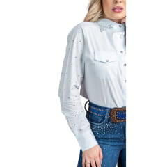Camisa Feminina Miss Country Manga Longa Azul Claro Com Bordados De Strass E Brilho Ref:2068