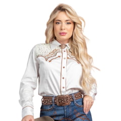 Camisa Feminina Miss Country Manga Longa Off White Com Detalhes Em Strass E Bordados De Strass Ref:2066