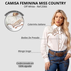 Camisa Feminina Miss Country Manga Longa Off White Com Detalhes Em Strass E Bordados De Strass Ref:2066
