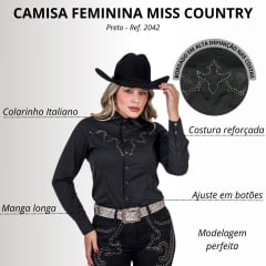 Camisa Feminina Miss Country Preta Manga Longa Fort Wort Bordado Com Brilhos Ref: 2042