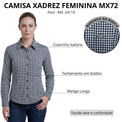 Camisa Feminina MX 72 Fit 100% Algodão Manga Longa Xadrez Pequeno Branco/Azul - Ref:24119