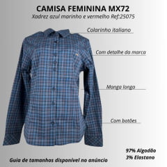 Camisa Feminina MX 72 Manga Longa Xadrez Tartan Com Elastano Country Azul Marinho Vermelho Ref:25075