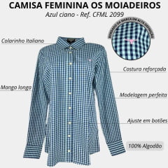 Camisa Feminina Os Moiadeiros Xadrez Azul Ciano Manga Longa - CFML 2099