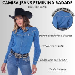 Camisa Feminina Radade Jeans Com Pingentes Manga Longa