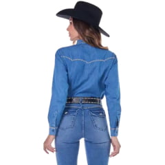 Camisa Feminina Radade Jeans Com Pingentes Manga Longa