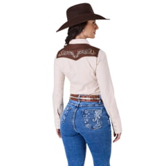Camisa Feminina Radade Manga Longa Bege Com Marrom Bordada