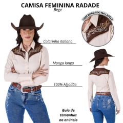 Camisa Feminina Radade Manga Longa Bege Com Marrom Bordada