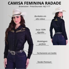 Camisa Feminina Radade Manga Longa Brownstone Preta Bordado Dourado Ref: 1177