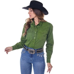Camisa Feminina Radade YL Stone Verde Com Dois Bolsos Manga Longa