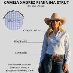 Camisa Feminina Strut Manga Longa Xadrez Pequeno Azul Claro E Branco Bordado Ref: 7251