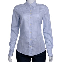 Camisa Feminina Strut Manga Longa Xadrez Pequeno Azul Claro E Branco Bordado Ref: 7251
