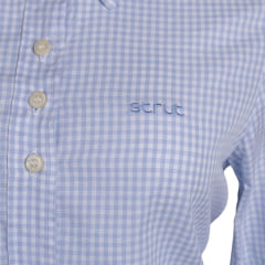 Camisa Feminina Strut Manga Longa Xadrez Pequeno Azul Claro E Branco Bordado Ref: 7251
