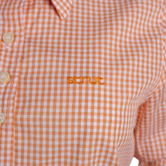 Camisa Feminina Strut Manga Longa Xadrez Pequeno Laranja E Branco Bordado Ref: 7250