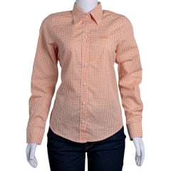 Camisa Feminina Strut Manga Longa Xadrez Pequeno Laranja E Branco Bordado Ref: 7250
