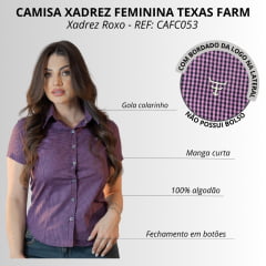 Camisa Feminina Texas Farm Manga Curta Xadrez Preta/Roxo Com Logo Bege REF: CAFC053