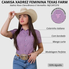 Camisa Feminina Texas Farm Manga Curta Xadrez Azul/Branco E Rosa Logo Rosa Bebê Ref:CAFC077