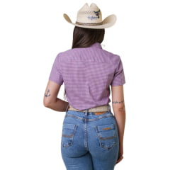 Camisa Feminina Texas Farm Manga Curta Xadrez Azul/Branco E Rosa Logo Rosa Bebê Ref:CAFC077