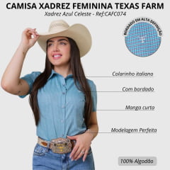 Camisa Feminina Texas Farm Manga Curta Xadrez Azul Celeste E Branco Logo Branco Ref:CAFC074
