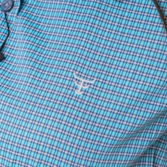 Camisa Feminina Texas Farm Manga Curta Xadrez Azul Celeste E Branco Logo Branco Ref:CAFC074