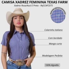 Camisa Feminina Texas Farm Manga Curta Xadrez Rosa/Azul E Preto Logo Cinza Claro Ref:CAFC075
