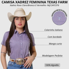 Camisa Feminina Texas Farm Manga Curta Xadrez Roxo Claro/Branco E Vermelho Logo Branco Ref:CAFC076