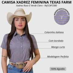Camisa Feminina Texas Farm Manga Curta Xadrez Roxo E Verde Claro Logo Branco Ref:CAFC080
