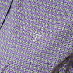 Camisa Feminina Texas Farm Manga Curta Xadrez Roxo E Verde Claro Logo Branco Ref:CAFC080