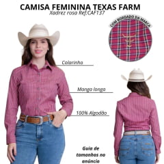 Camisa Feminina Texas Farm Manga Longa Xadrez Rosa Branco E Marrom Com Logo Bordado Dourado Ref:CAF137