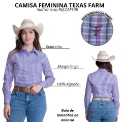 Camisa Feminina Texas Farm Manga Longa Xadrez Rosa Cinza E Azul Claro Com Logo Bordado Vinho Ref:CAF136