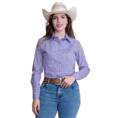 Camisa Feminina Texas Farm Manga Longa Xadrez Rosa Cinza E Azul Claro Com Logo Bordado Vinho Ref:CAF136