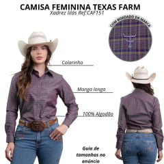 Camisa Feminina Texas Farm Manga Longa Xadrez Roxo Lilás E Verde Claro  Com Logo Bordado Lilás Ref:CAF151
