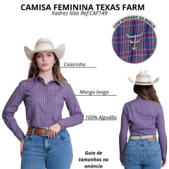 Camisa Feminina Texas Farm Manga Longa Xadrez Roxo Lilás E Verde Com Logo Bordado Branco Ref:CAF149